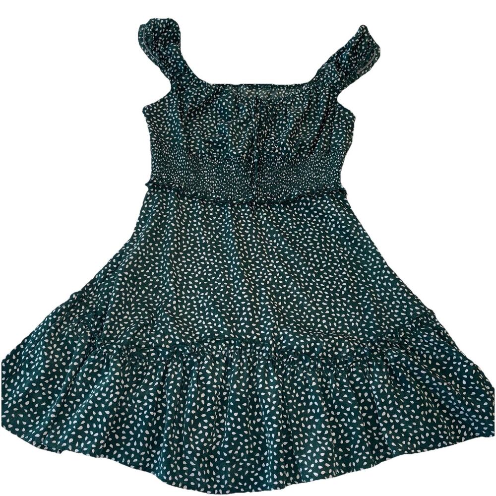 Women's Dark Green Polkadot Ruffle Mini Dress Sweetheart Neck Boho Lg